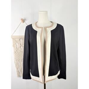 Talbots Collarless Blazer Jacket Size Large Black Colorblock Trim Open Front